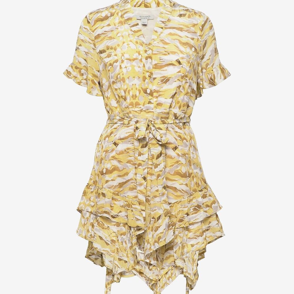 All Saints Frankie Oniyuri Graphic Print Frilled Mini Dress Yellow Layered 4